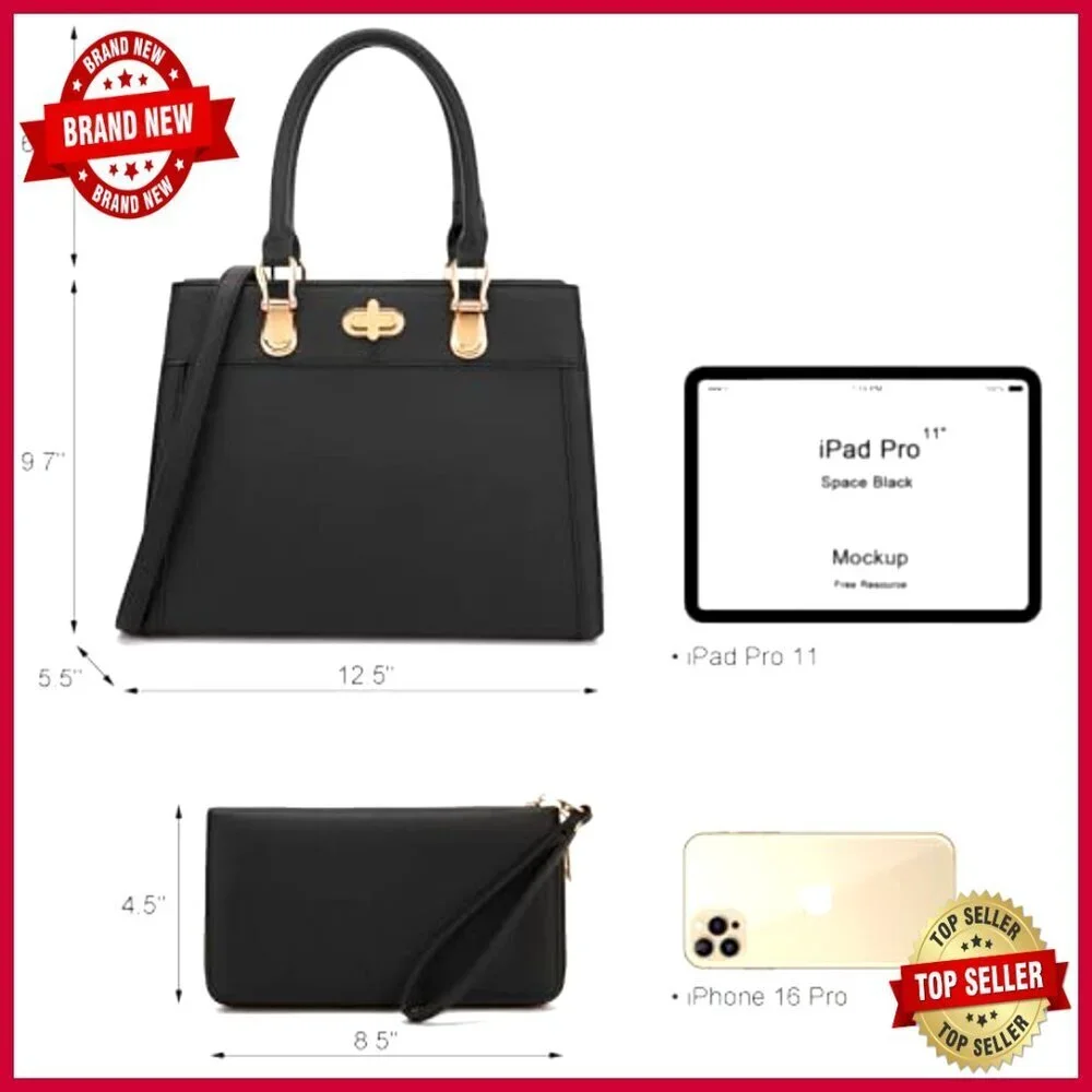 Large Vegan Leather Tote Satchel with Adjustable Crossbody Strap and Wallet